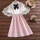 Mock Two-piece Short-sleeve Plaid Bow-accent A-line Dress