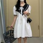 Short-sleeve Collar Smock Dress White - One Size