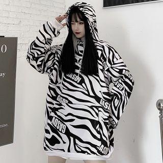 Lettering Zebra-print Hooded Sweatshirt