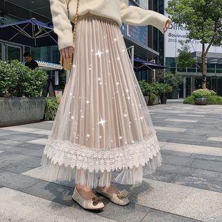 Lace-panel Midi A-line Mesh Skirt