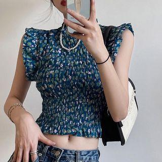 Flower Print Crop Tank Top Blue - One Size