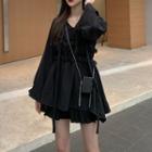 Long-sleeve Mini A-line Dress / Pleated Skirt