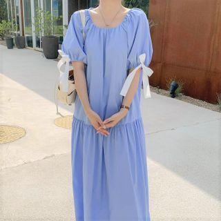 Short-sleeve Midi A-line Dress Sky Blue - One Size