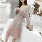 Set: Sleeveless Color Block Midi Knit Dress + Cropped Cardigan Dress - Gradient - Pink - One Size / Cardigan - Gradient - Pink - One Size