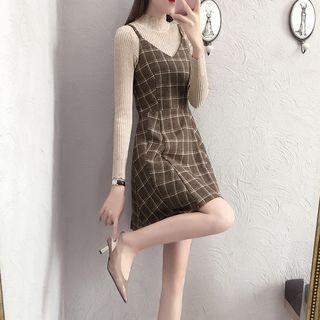 Plaid Strappy A-line Dress / Mock Neck Knit Top / Set