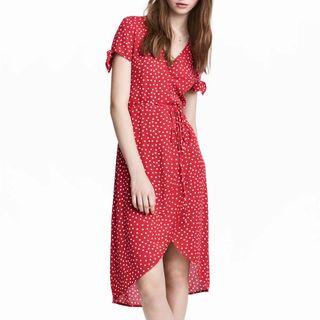 Short-sleeve Wrapped Neck Dotted Dress