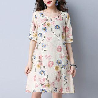 Floral Print Elbow Sleeve Shift Dress