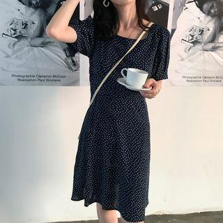 Short-sleeve Midi A-line Dress Navy Blue - One Size