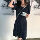 Short-sleeve Midi A-line Dress Navy Blue - One Size