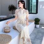 Short-sleeve Lace Stand Collar A-line Dress
