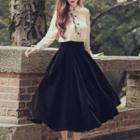 Set: Flower Embroidered Shirt + A-line Midi Skirt