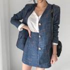 Set: Collarless Tweed Blazer + Band-waist Miniskirt Blazer - Blue - One Size & Skirt - Blue - One Size