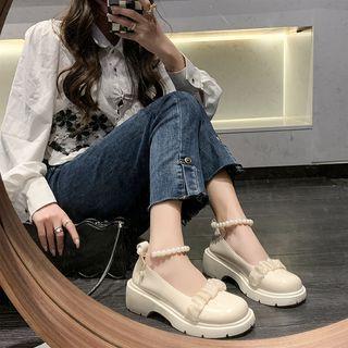 Ankle Strap Beaded Ruffle Platform Block Heel Pumps