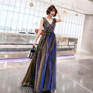 V-neck Sleeveless Sequined Panel Cocktail Dress / Short Sleeve Sequined Panel Evening Gown
