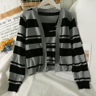 Striped Camisole Top / Open-front Slim-fit Cardigan