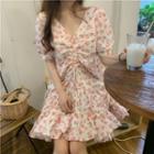 Puff-sleeve Floral Drawstring Dress Floral - One Size