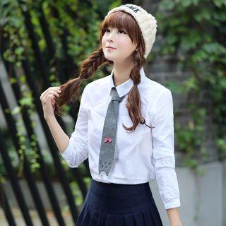 Cat Embroidered Tie Long-sleeve Shirt