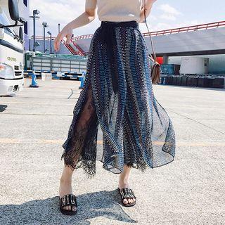 Patterned Chiffon Wide-leg Pants Patterned - Blue & Black - One Size