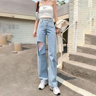 Mid Waist Lace Panel Wide Leg Jeans