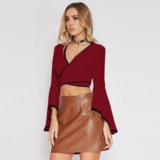 Contrast-trim Wrapped Ruffle Top