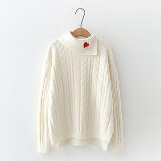 Heart Embroidered Cable Knit Sweater Milky White - One Size