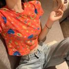 Cartoon Printed Short-sleeve Cropped T-shirt