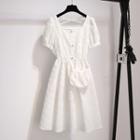 Set: Puff-sleeve Patterned A-line Dress + Crossbody Bag