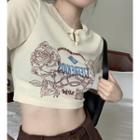 Short-sleeve Graphic Print Crop Top Almond - One Size