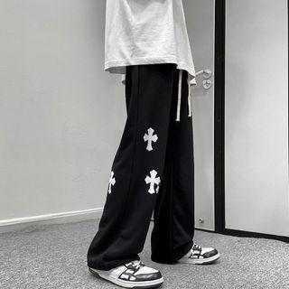 Cross Print Drawstring Wide Leg Pants