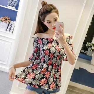 Floral Print Shirred Off-shoulder Short-sleeve Top