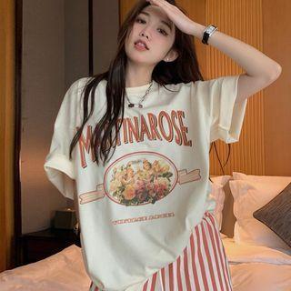 Elbow-sleeve Flower Print T-shirt / Striped Shorts