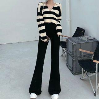V-neck Striped Long-sleeve Top / High-waist Flare Pants