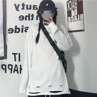 Long-sleeve Distressed Plain Sweatshirt