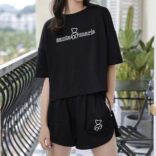 Set: Short-sleeve Bear Print T-shirt + Bear Print Shorts