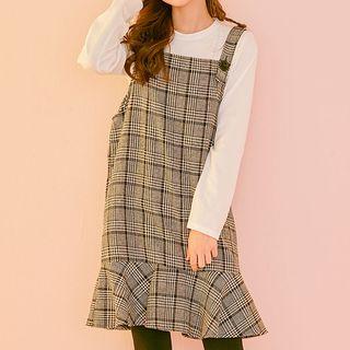 Set: Ribbed Top + Ruffle-hem Plaid Jumper Dress