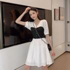 Mock Two-piece Elbow-sleeve Crinkled A-line Mini Dress