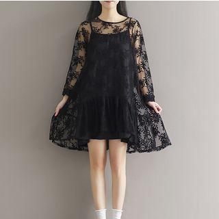 Set: Embroidered Long-sleeve Sheer Dress + Slipdress