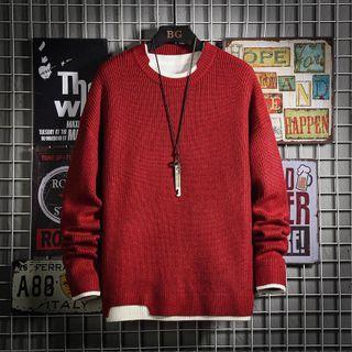 Long-sleeve Mock Two-piece Plain Knit Sweater