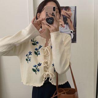 Set: Tie-front Floral Embroidered Cardigan + Camisole Top