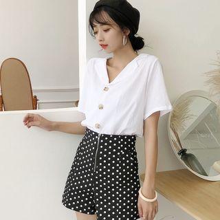Short-sleeve Lapel Collar Shirt / Polka Dot High-waist Shorts