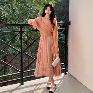 Spaghetti Strap Lace Trim Midi A-line Dress / Cropped Sweater