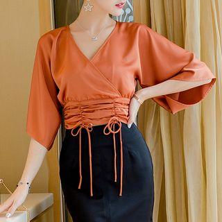 Drawstring Hem V-neck Elbow-sleeve Blouse