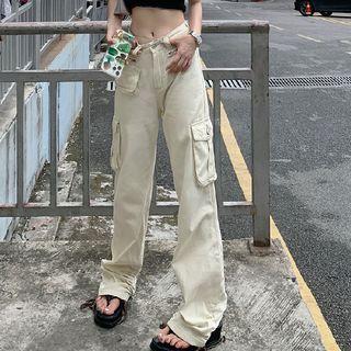 Mid-rise Plain Cargo Straight Leg Pants