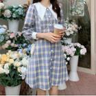 Pointed Collar Plaid Long Sleeve Mini A-line Shirtdress