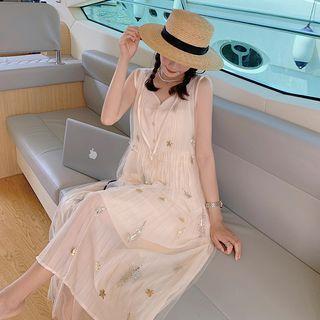 Set: Spaghetti-strap Plain Midi A-line Dress + Floral Mesh Overall Dress