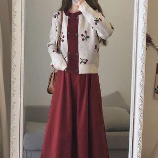 Cherry Print Cardigan / Midi A-line Skirt / Set