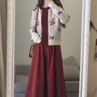 Cherry Print Cardigan / Midi A-line Skirt / Set