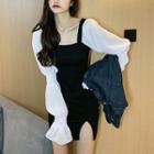 Long-sleeve Mesh Panel Mini Dress Black & White - One Size