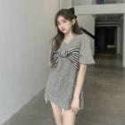 Short-sleeve Bow-accent Top Stripe - One Size
