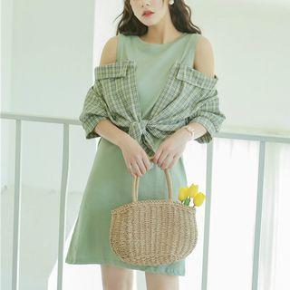 Mock Two-piece Checked Cold Shoulder Dress